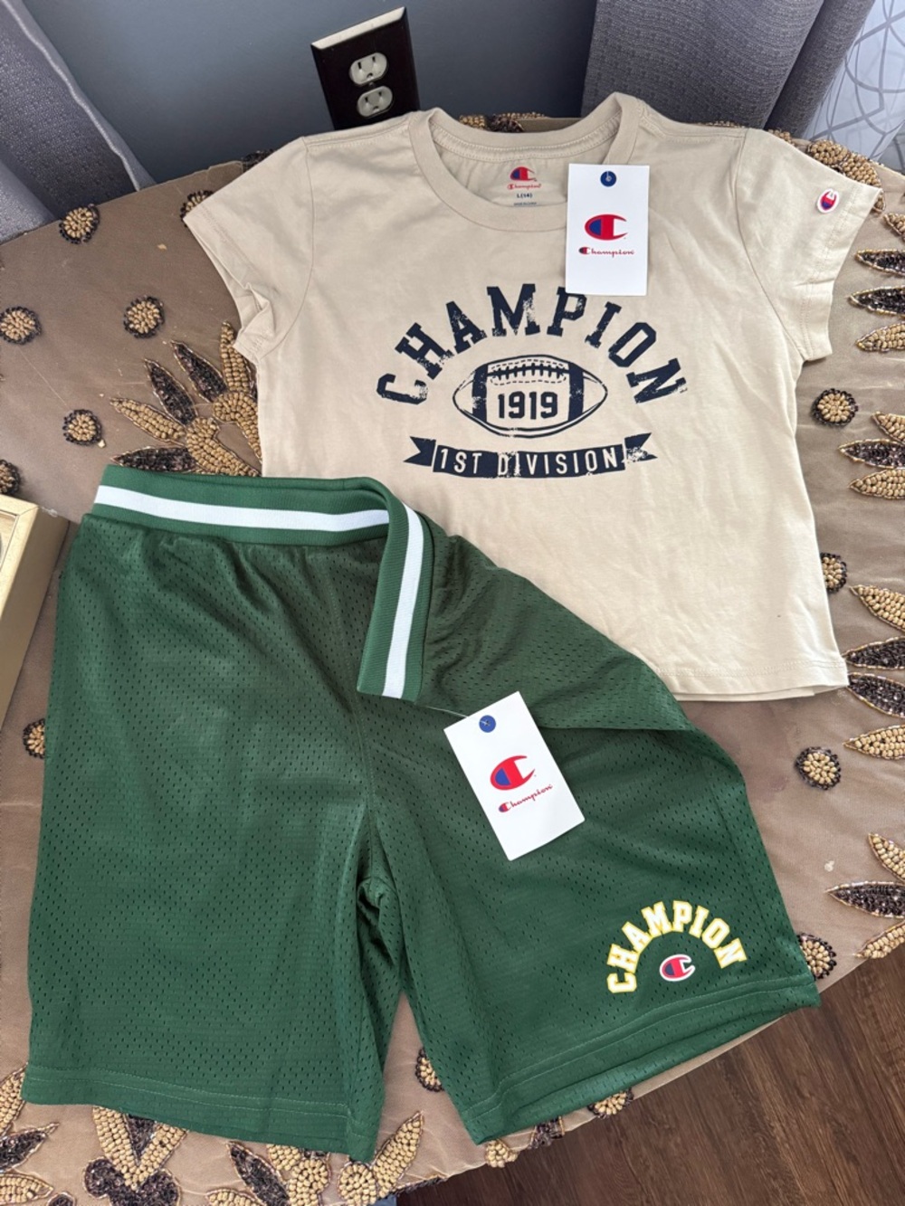 Champion Beige Graphic Tee and Green Mesh Shorts Set
